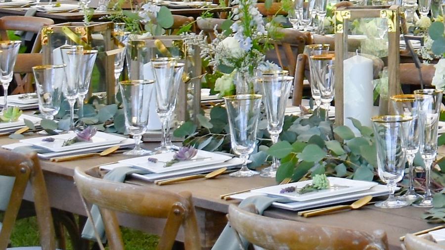 farm tables with place settings