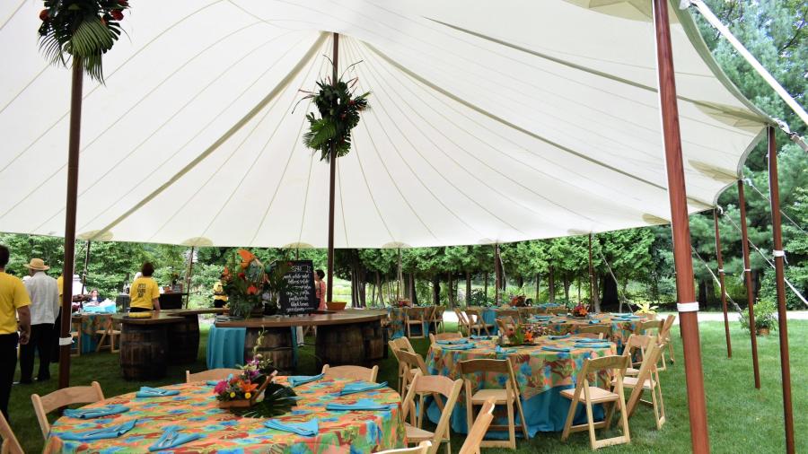 sailcloth tent and tables